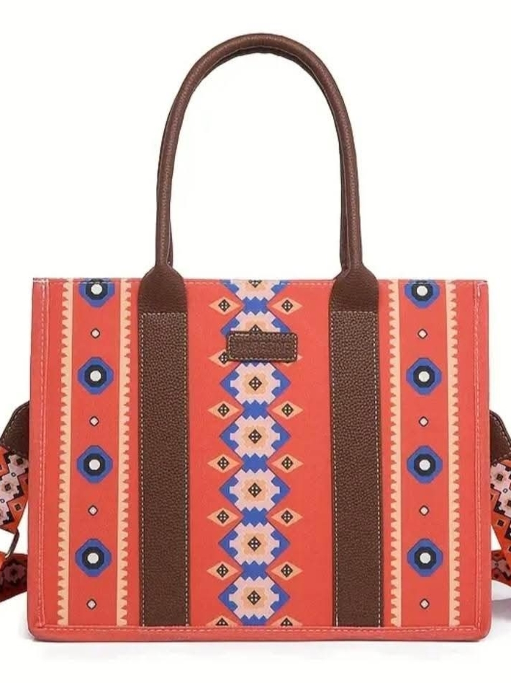 Peace Patterned Tote Bag with Brown Trim